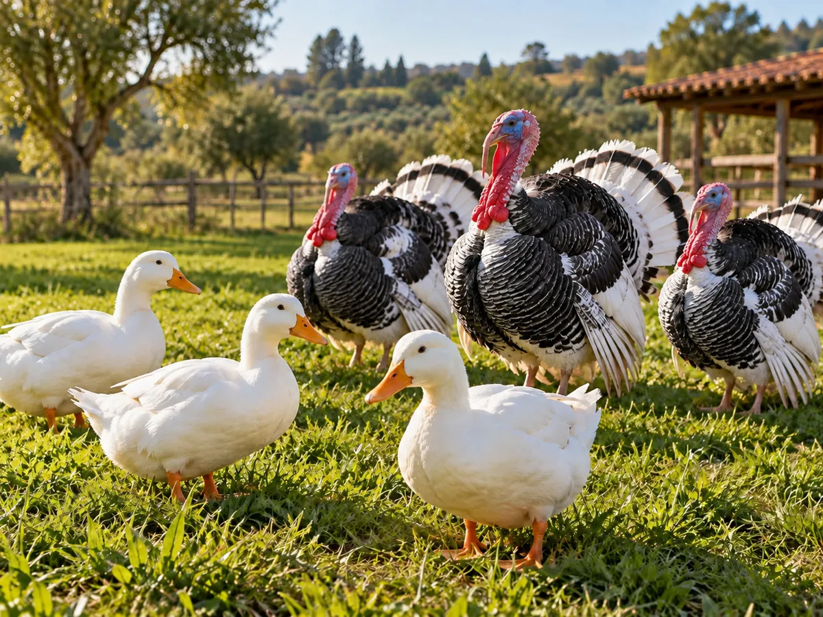 Patos e perus num espaço verde