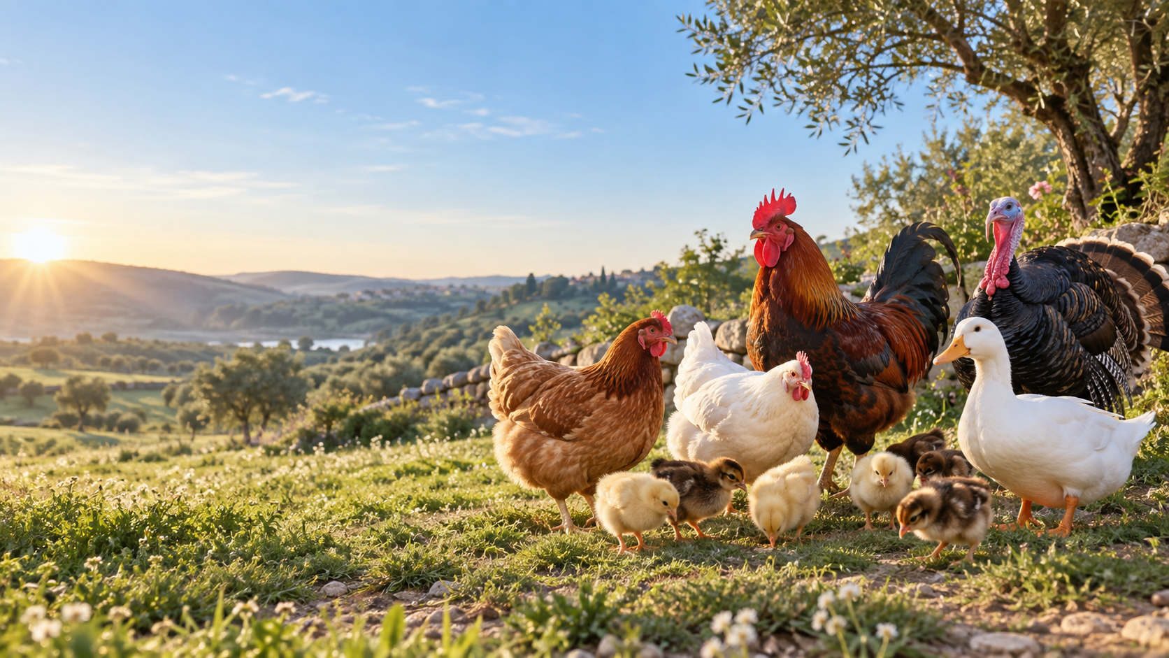 Galinhas, pintos, pato e peru num ambiente rural